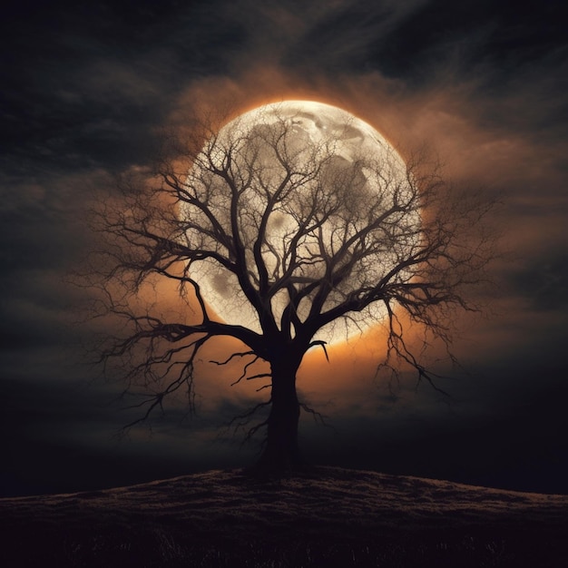 Arafed tree with a full moon in the background generative ai