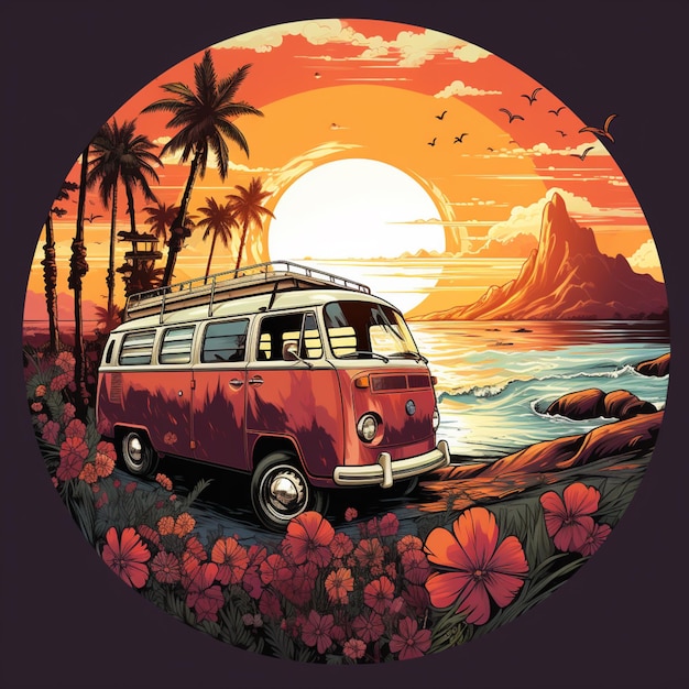 arafed van parked on the beach with a surfboard on top generative ai