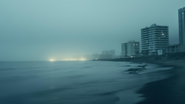 Photo arafed view of a beach with buildings and a foggy sky generative ai