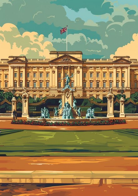 Photo arafed view of buckingham palace with fountain and statues in front generative ai