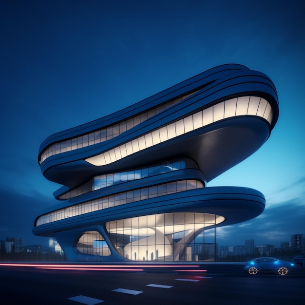 Arafed view of a building with a curved roof and a car driving by generative ai