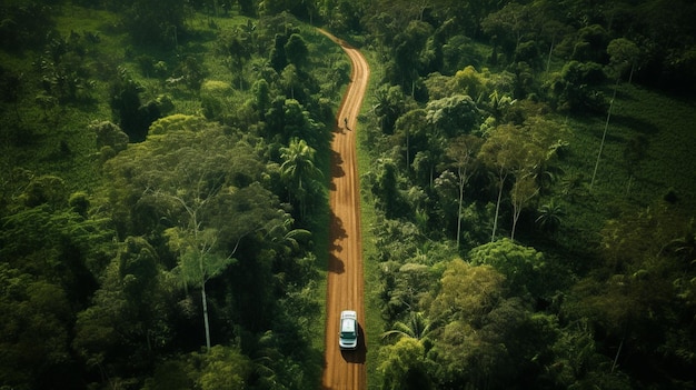 arafed view of a car driving down a dirt road in the middle of a forest generative ai