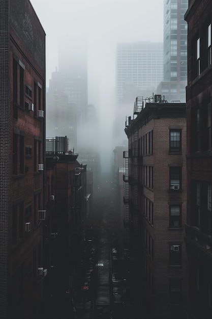 arafed view of a city street with tall buildings and a foggy sky generative ai