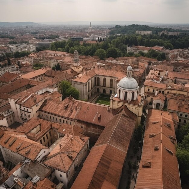 arafed view of a city with a church and a church tower generative ai