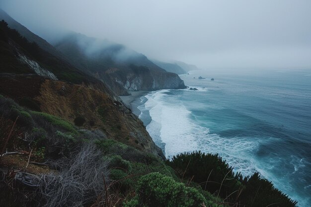 arafed view of a cliff overlooking the ocean on a foggy day generative ai