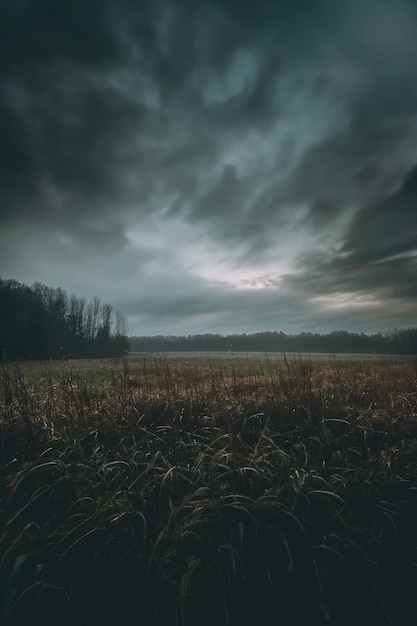 arafed view of a field with a cloudy sky and a few trees generative ai