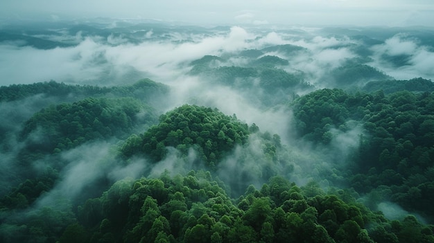 arafed view of a forest with fog and low clouds generative ai