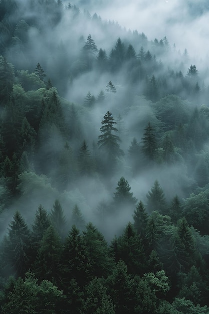 arafed view of a forest with a foggy sky and trees generative ai