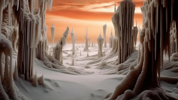 Arafed view of a frozen forest with icicles and snow generative ai