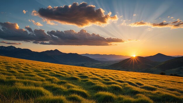 arafed view of a grassy field with a sun setting in the background