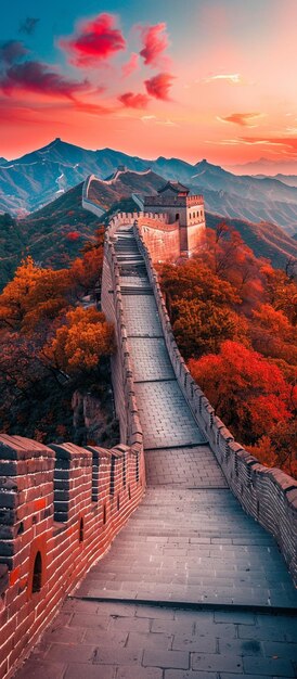 arafed view of the great wall of china with a sunset in the background generative ai