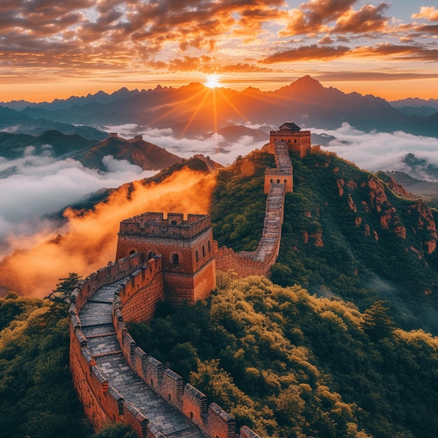 arafed view of a great wall with a sunset in the background generative ai