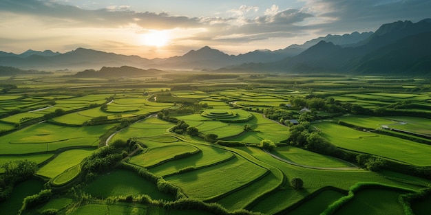 arafed view of a green field with a mountain in the background generative ai