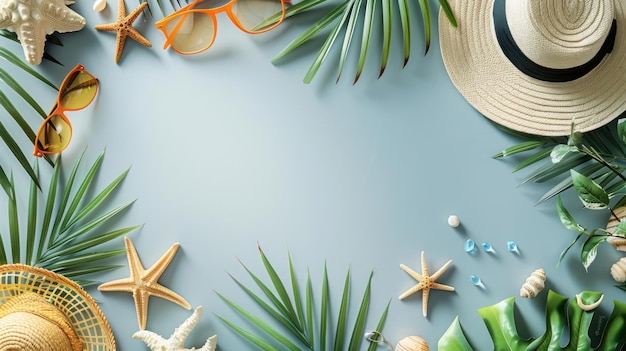 arafed view of a hat sunglasses palm leaves and other items on a blue background