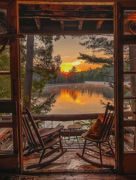 arafed view of a lake and a rocking chair at sunset generative ai