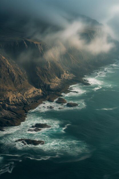 arafed view of a large body of water with a mountain in the background generative ai