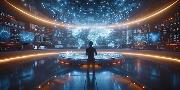 arafed view of a man standing in a futuristic room with a map on the wall generative ai