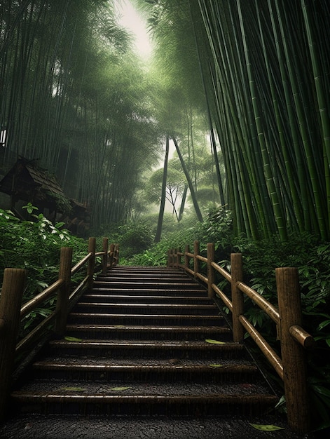 Arafed view of a path leading to a bamboo forest generative ai