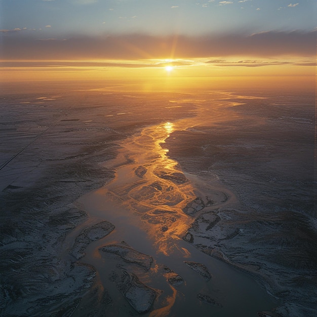 arafed view of a river running through a desert at sunset generative ai