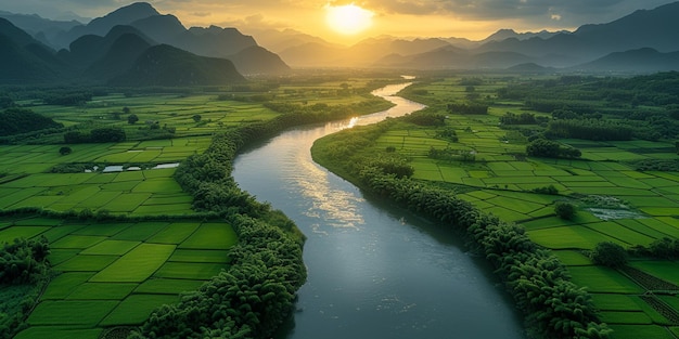 arafed view of a river running through a lush green valley generative ai