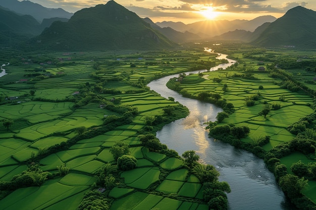 arafed view of a river running through a lush green valley generative ai