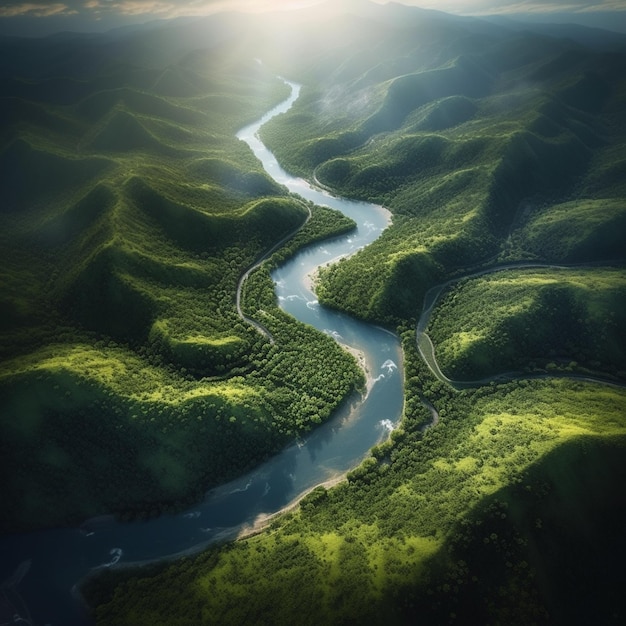 Arafed view of a river running through a lush green valley generative ai