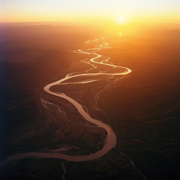 arafed view of a river running through a valley at sunset generative ai