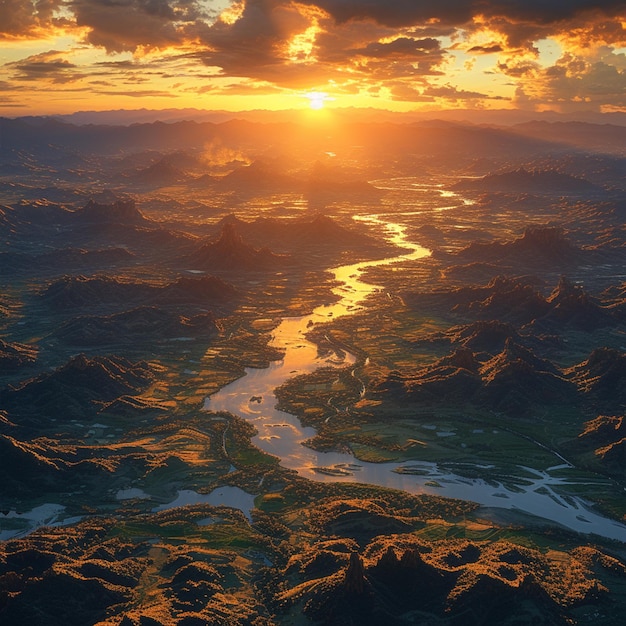 arafed view of a river running through a valley at sunset generative ai