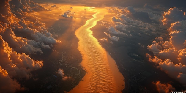 arafed view of a river running through a valley surrounded by clouds generative ai