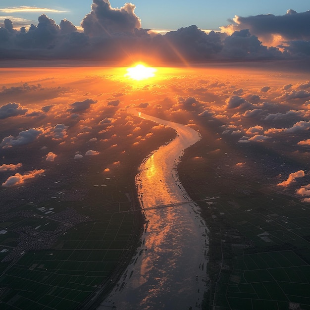 arafed view of a river running through a valley with clouds generative ai