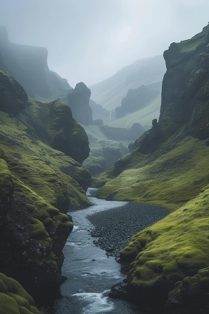 arafed view of a river running through a valley with green grass generative ai