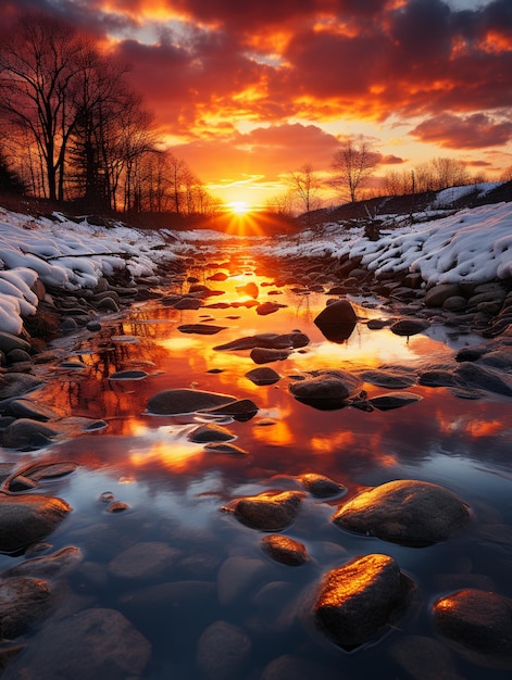 arafed view of a river with rocks and snow at sunset generative ai