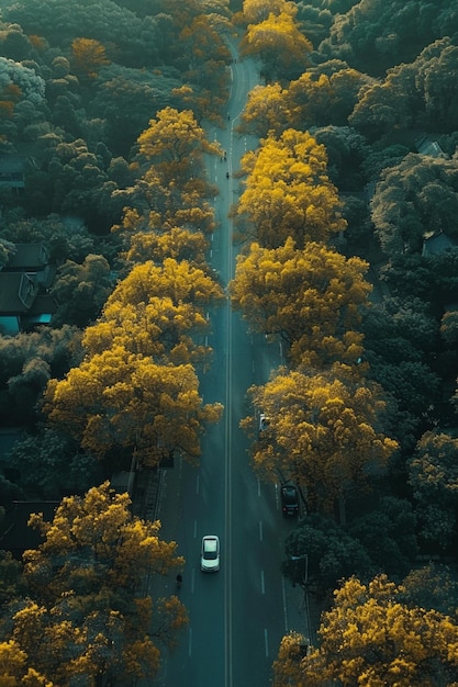 arafed view of a road with trees and cars on it generative ai