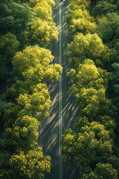 arafed view of a road with trees and yellow flowers generative ai