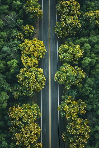 arafed view of a road with trees and yellow flowers generative ai