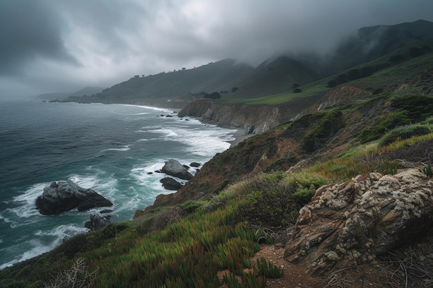 arafed view of a rocky coastline with a few green plants generative ai