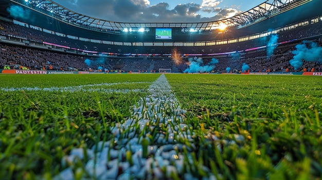 arafed view of a soccer field with smoke coming out of it generative ai