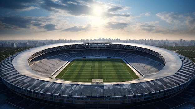 arafed view of a soccer stadium with a green field and a city in the background generative ai