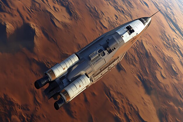 Photo arafed view of a space shuttle flying over a desert area