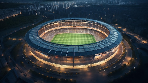 arafed view of a stadium with a green field lit up at night generative ai