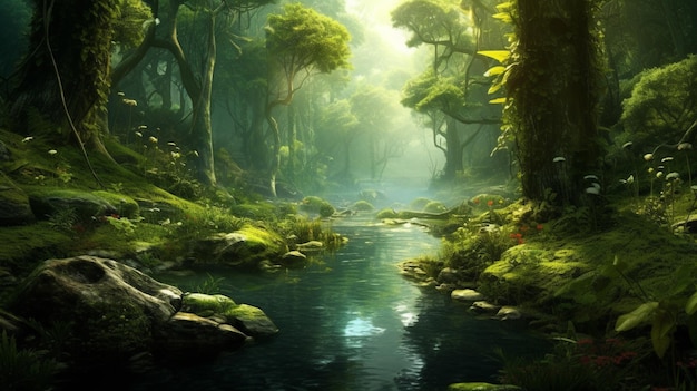 Arafed view of a stream in a forest with moss and trees generative ai