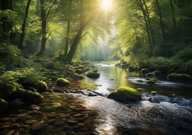 Arafed view of a stream running through a lush green forest generative ai