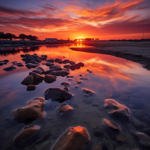 Arafed view of a sunset over a body of water with rocks in the foreground generative ai