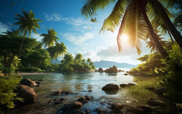 arafed view of a tropical river with rocks and palm trees generative ai