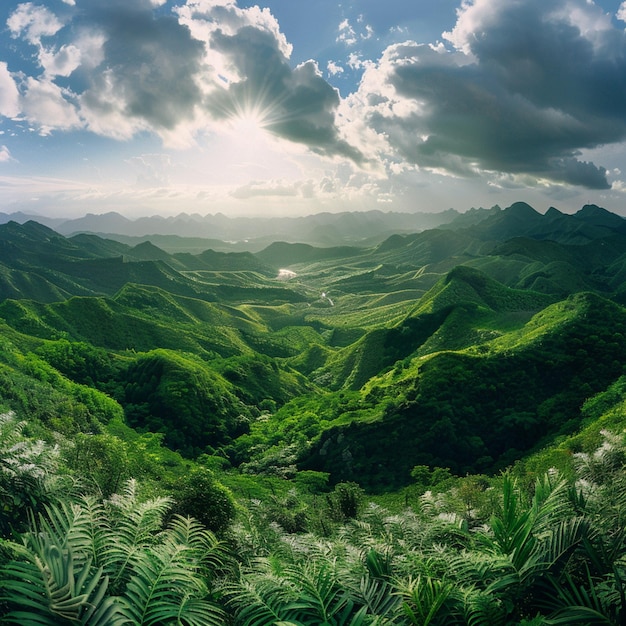 arafed view of a valley with lush green hills and trees generative ai