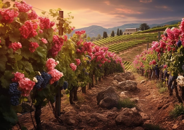 Arafed view of a vineyard with a bunch of flowers in the foreground generative ai