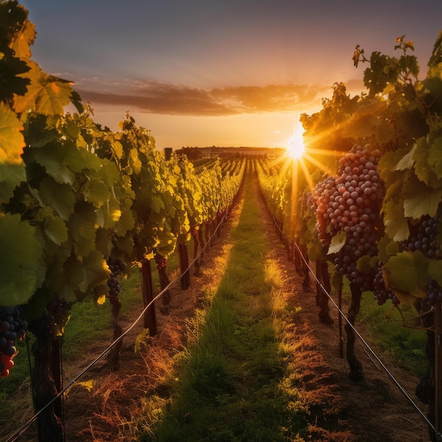 Arafed view of a vineyard with a sunset in the background generative ai