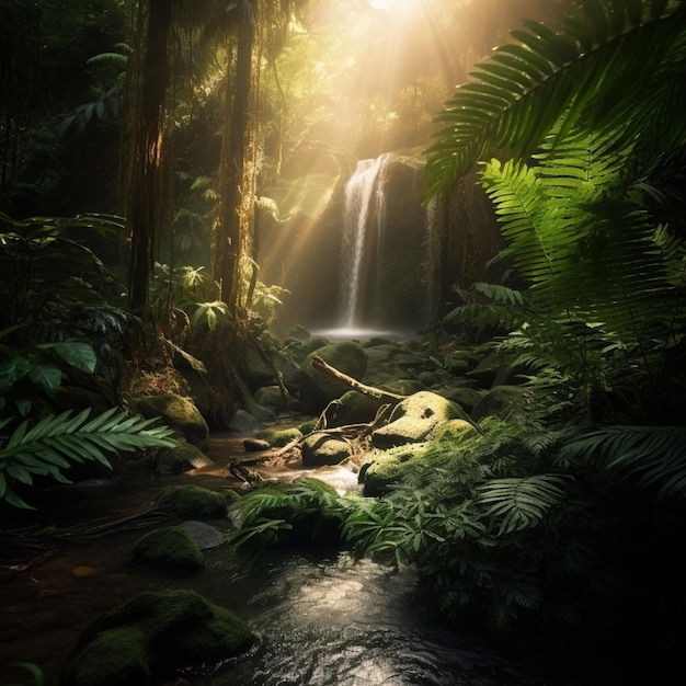 Arafed view of a waterfall in a tropical forest with sunlight streaming through generative ai