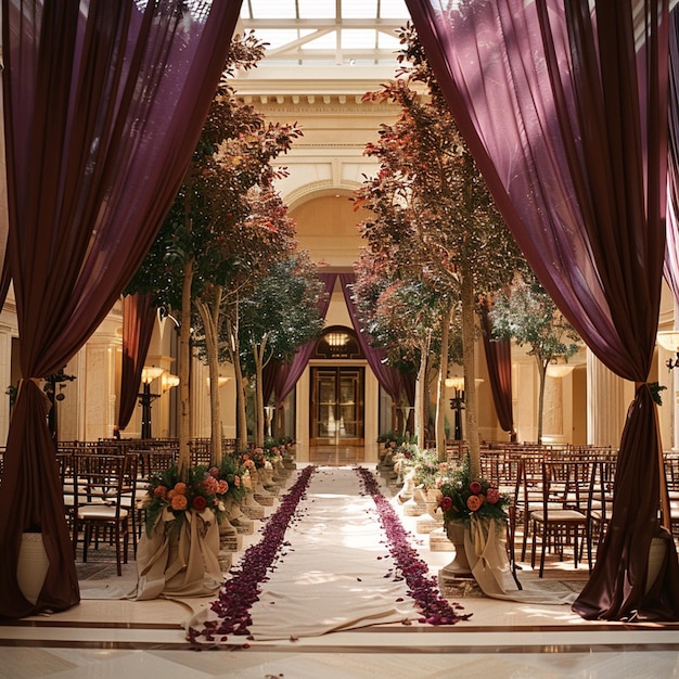 arafed view of a wedding ceremony with purple drapes and flowers generative ai