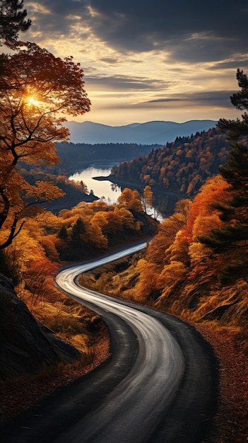 arafed view of a winding road in the middle of a forest generativ ai